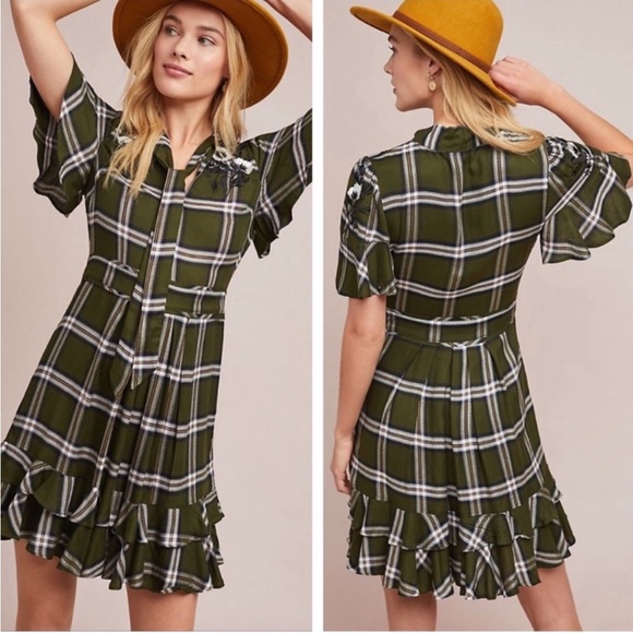 Anthropologie Dresses & Skirts - Anthropologie Ranna Gill Olivia Plaid Dress in Olive Green Sz S